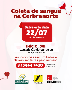 Cerbranorte sedia coleta externa de sangue em parceria com o Hemosc